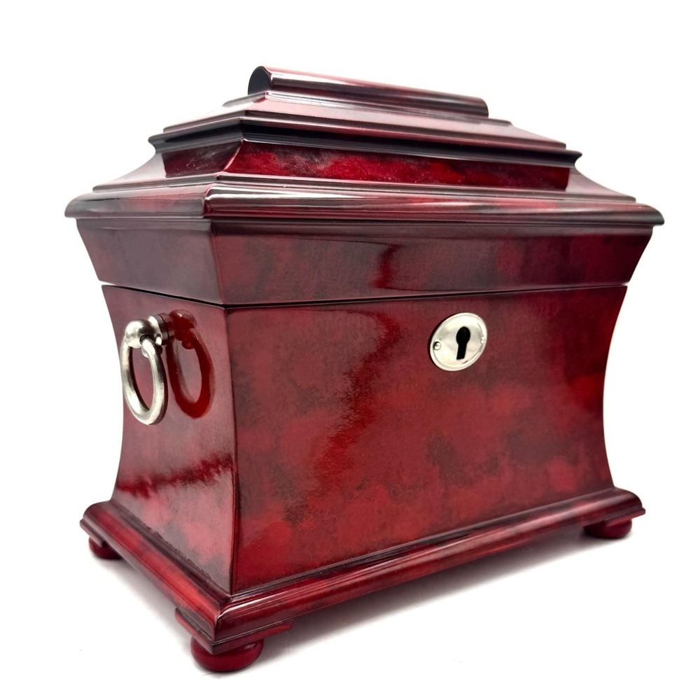 Vintage Burgundy Lacquer Pagoda Jewelry Chest Global Views w/Keys Removable Tray